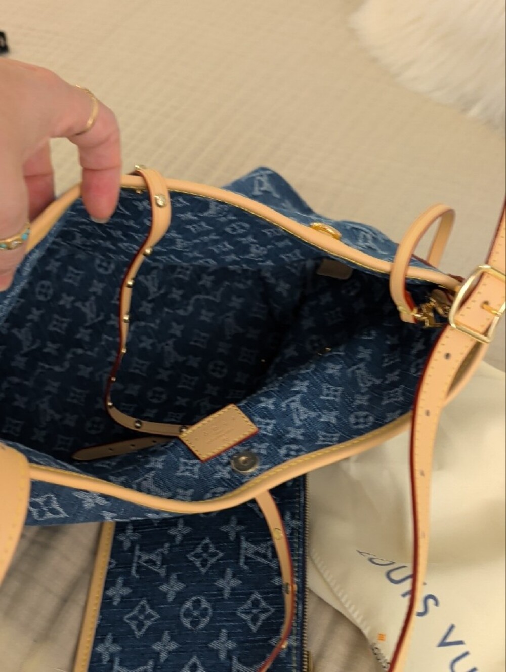 Fashion Denim Monogram Shoulder Bag in Blue with Tan Trim - Picture 2 of 3